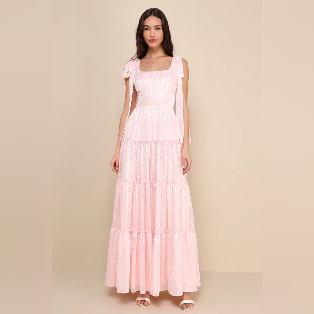 Lulu’s Picturesque Allure Blush Pink Jacquard Tie-Strap Maxi Dress